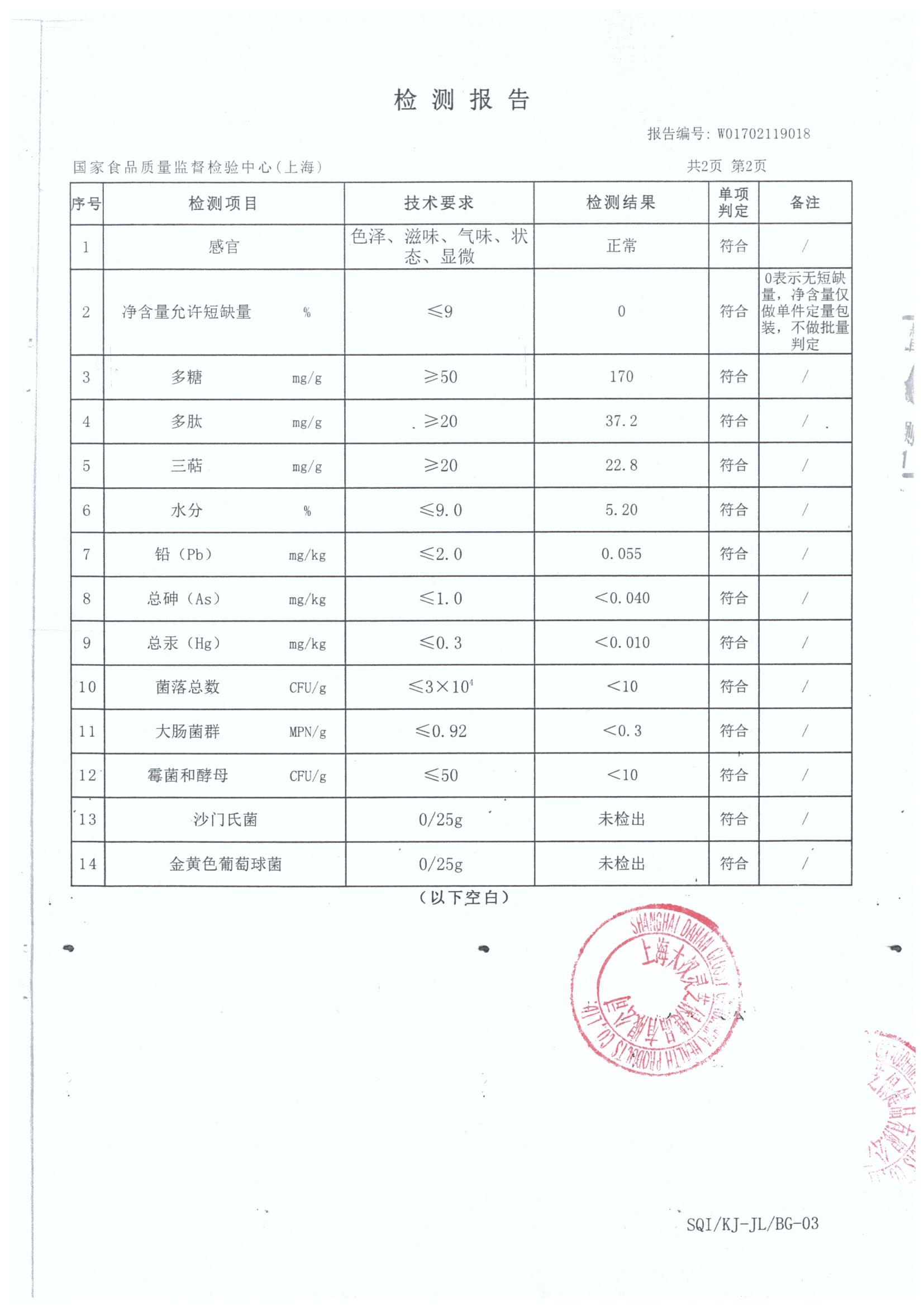 菇新大漢牌靈芝破壁孢子沖劑產(chǎn)品檢測報(bào)告